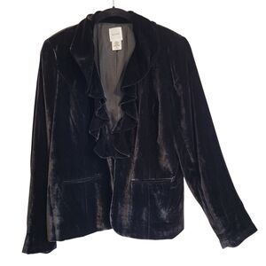 Kate Hill Black Crushed Velvet Black Ruffle Blazer Jacket Wmn 16 Plus Elegant